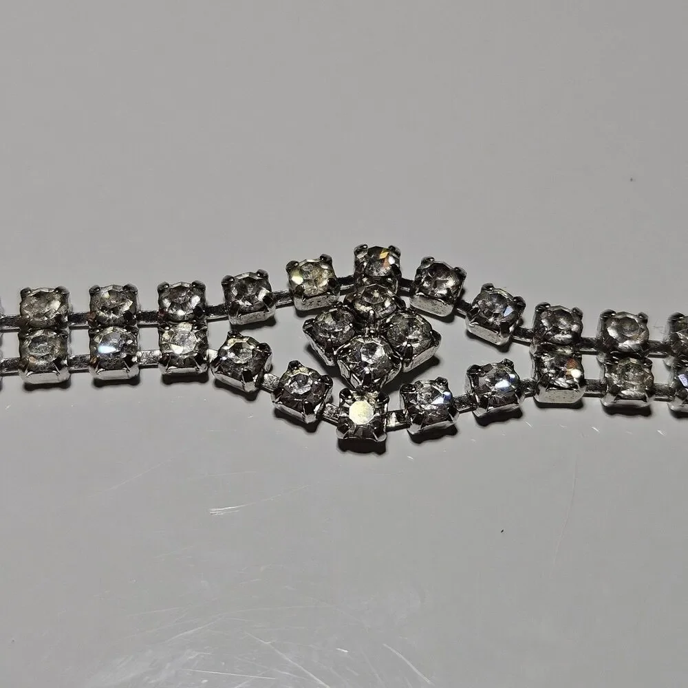 Silver Tone Vintage Clear Rhinestone Bracelet 6.75